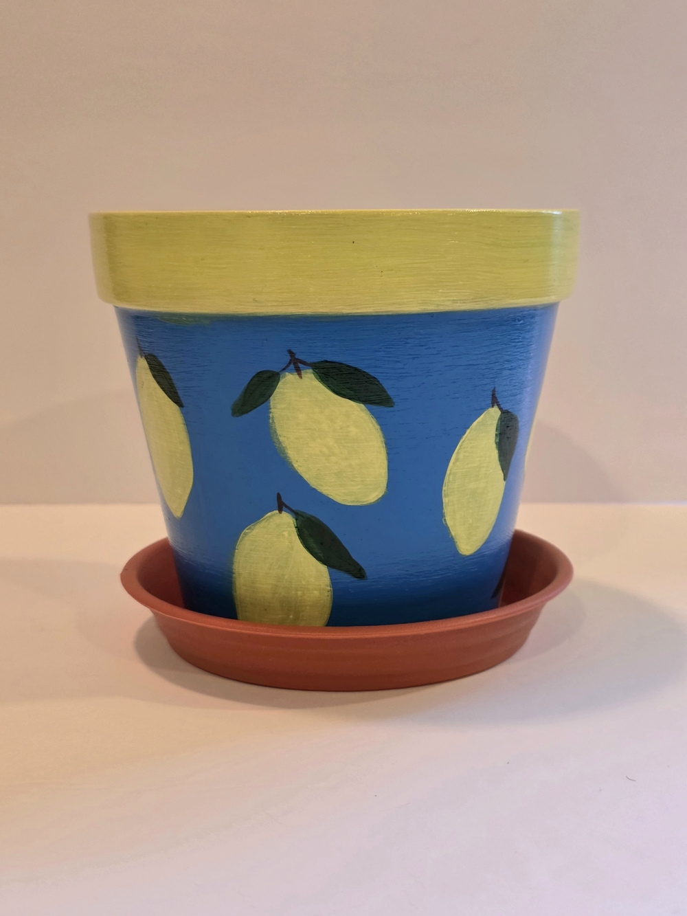 Hand-Painted Blue Lemon Ceramic Flower Pot with Yellow Rim 6"